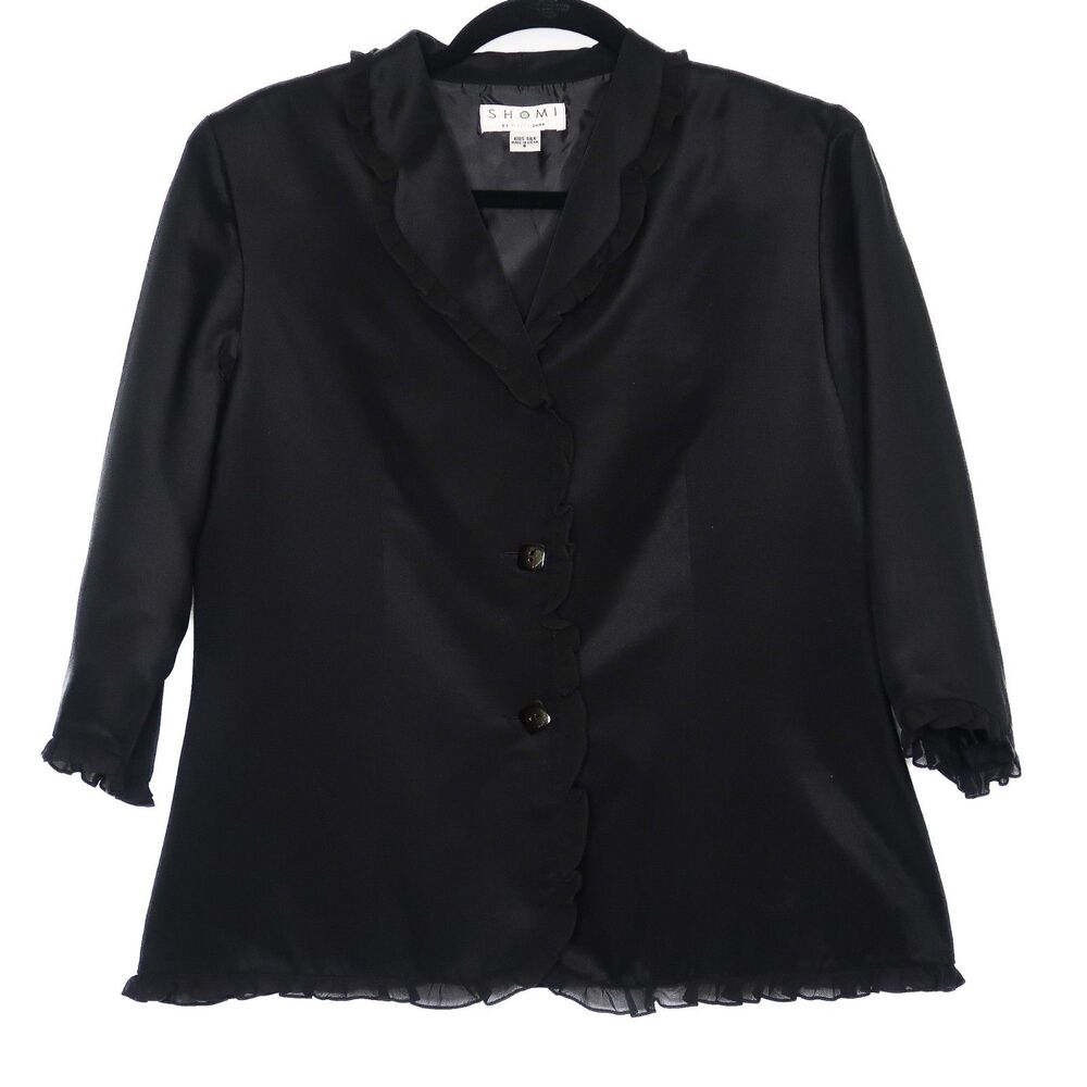 Shomi by Miller Shor 100% Silk Jacket Size 8 Black Ruffle Trim Square Buttons